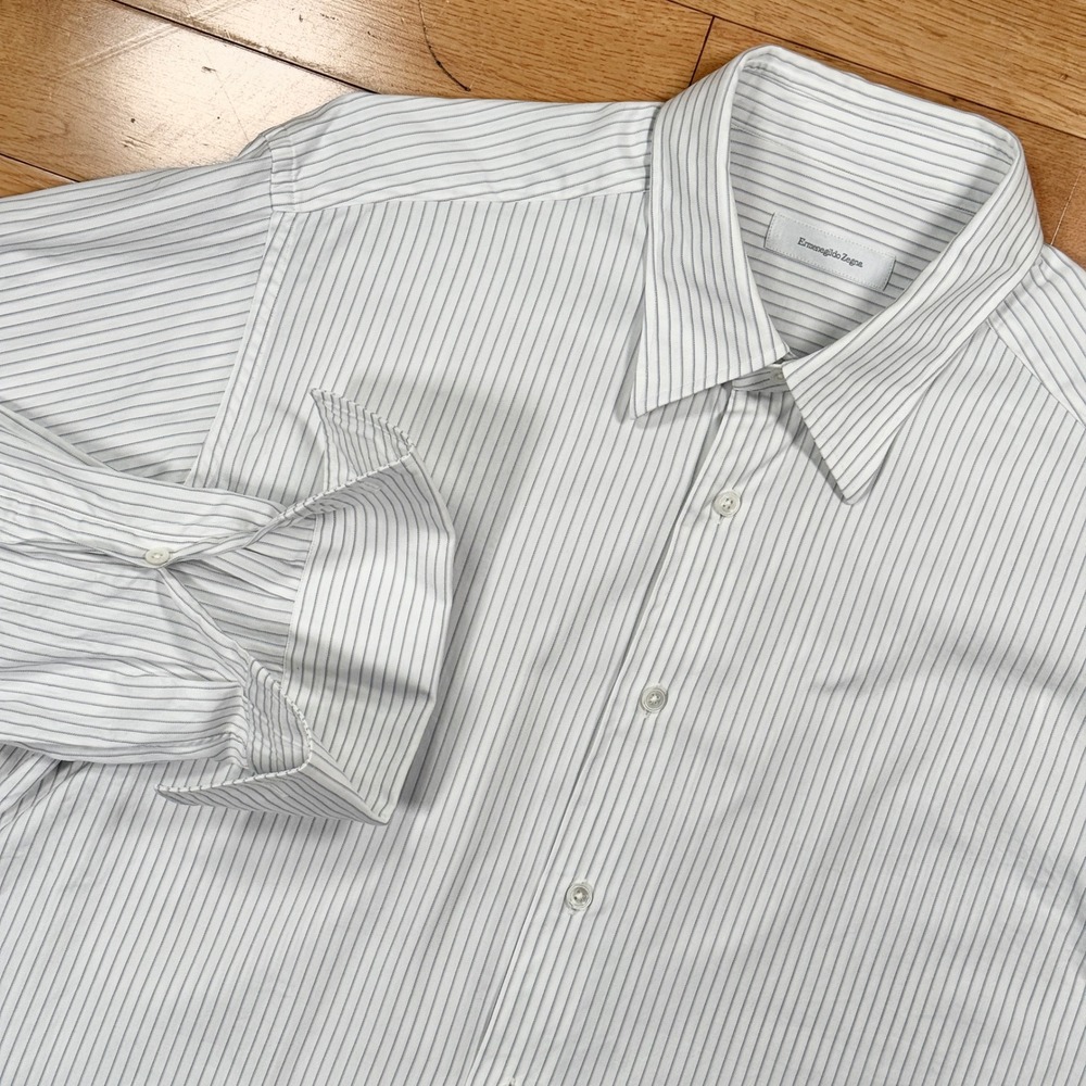 Ermenegildo Zegna Mens Comfort Fit Striped Cotton Dress Shirt White Grey 17.5 44